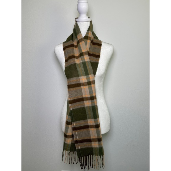 Unbranded Accessories - 100% Cashmere Plaid Scarf Olive Green Brown Fringe Trim Cozy Luxe Old Money